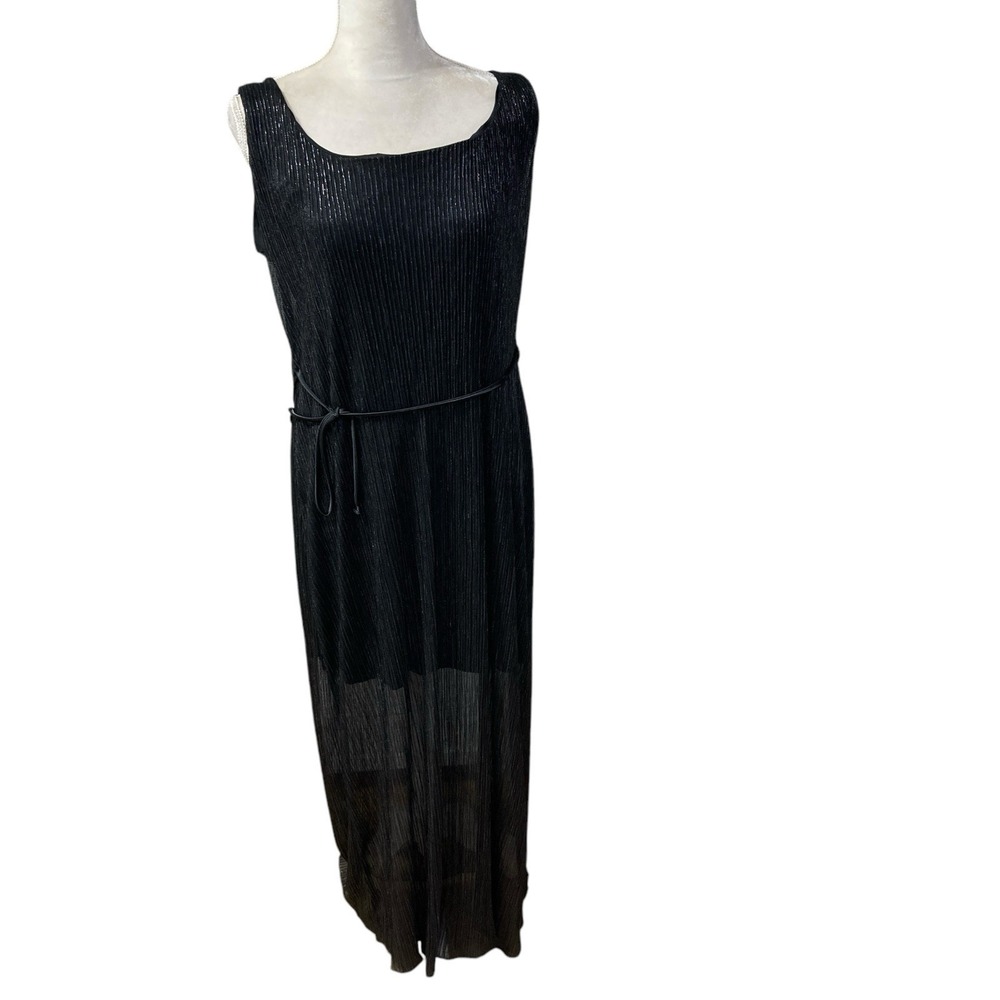 NWT Dressbarn Collection Maxi Dress 14 Black Metallic Belt Lined USA Y2K Goth